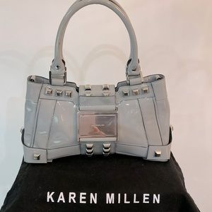 KAREN MILLEN Real patent leather handbag w/studs & dust bag excellent condition